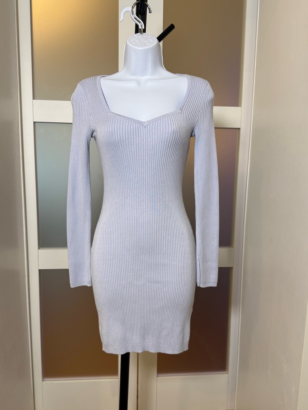 Hollister Light Blue Ribbed Long Sleeve Mini Bodycon Dress, XS.